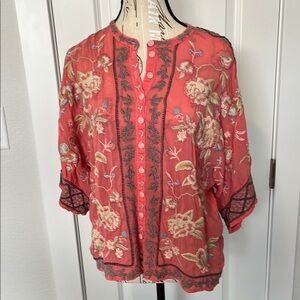 Johnny Was Peach Blouse with Cuffed Sleeves